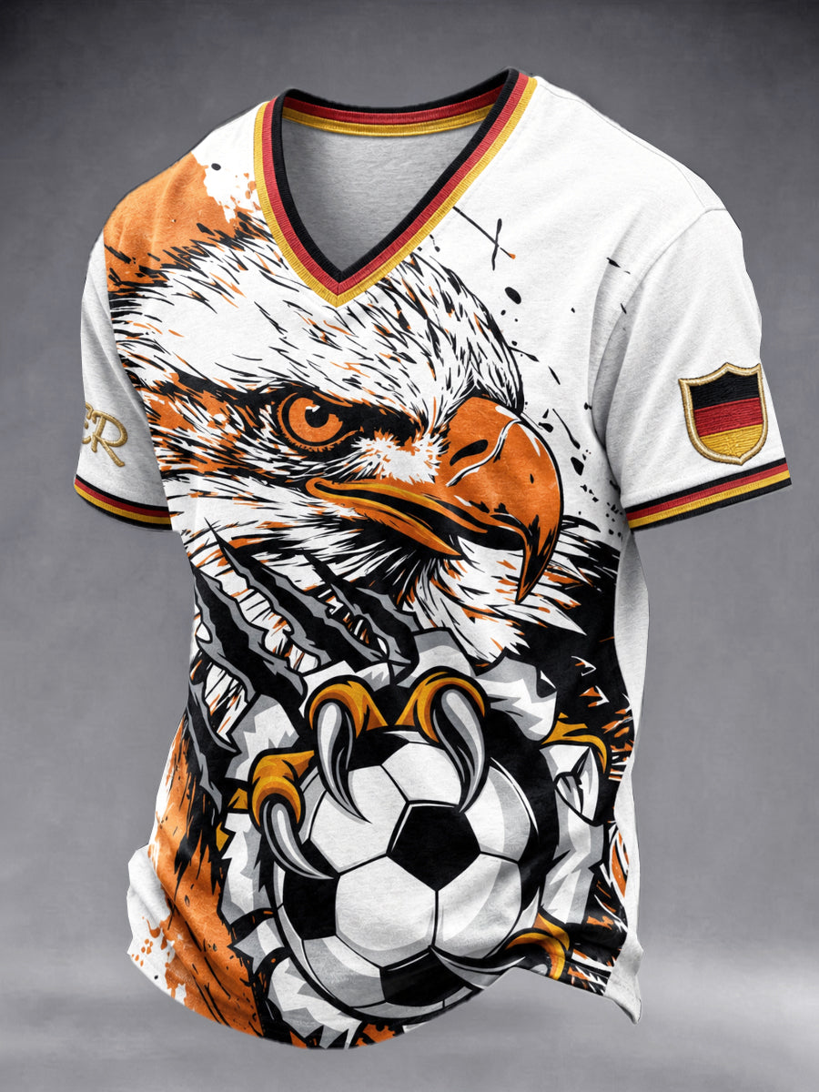 Herren-T-Shirt mit V-Ausschnitt, lässig, mit deutschem Fußballadler-Print