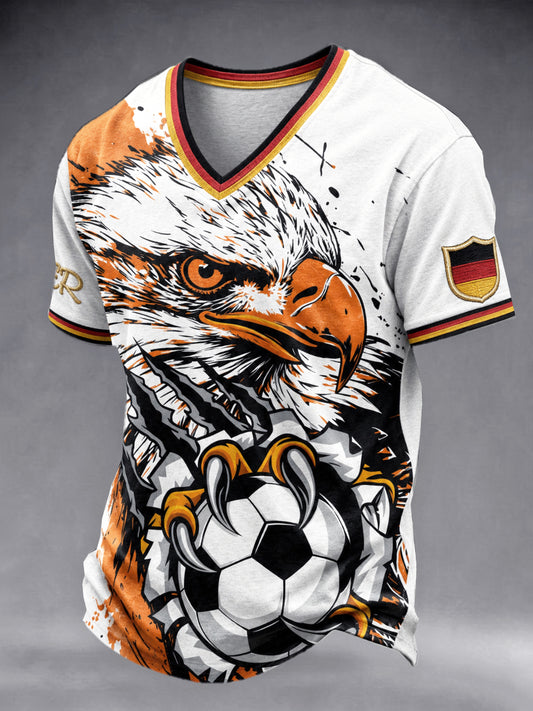 Herren-T-Shirt mit V-Ausschnitt, lässig, mit deutschem Fußballadler-Print