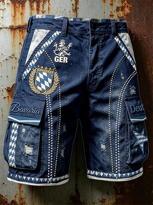 Herren-Vintage-Shorts in Marineblau, bayerisch-diamantgenähtes Patchwork mit Print, lässig für die Arbeit