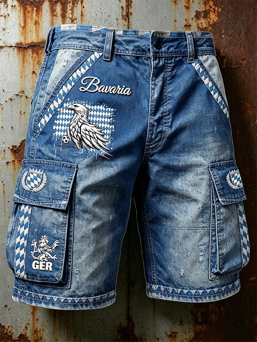 Herren-Shorts im deutschen bayerischen Diamantmuster aus Patchwork-Denim mit Print, lässig für die Arbeit