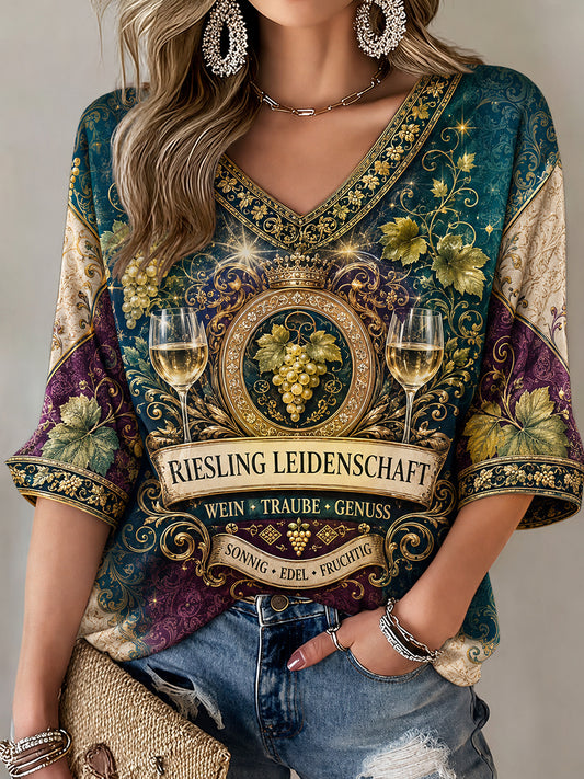 Damen-T-Shirt mit Riesling-Weinberg-Print und mittellangen Ärmeln