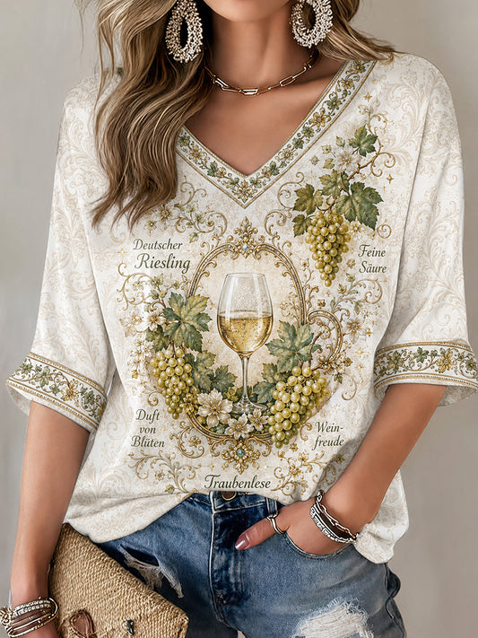 Damen-T-Shirt mit Riesling-Weinberg-Print und mittellangen Ärmeln