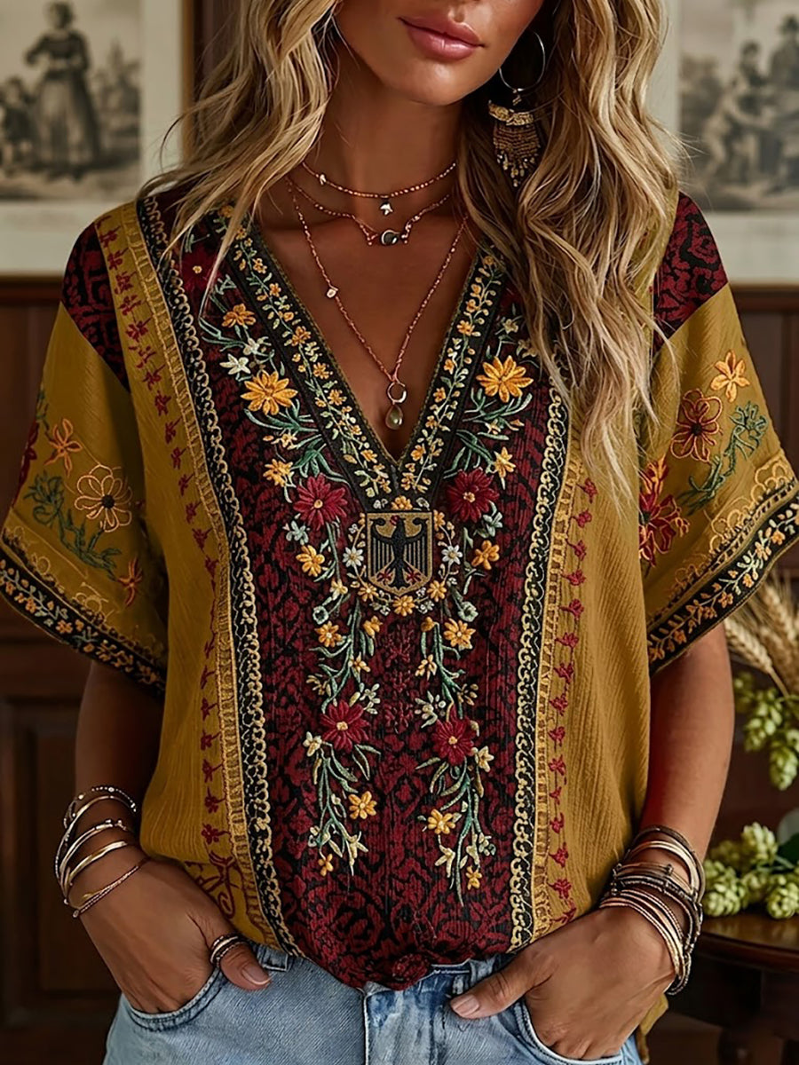 Damen-Boho-T-Shirt mit deutschem Blumenmuster, mittellange Ärmel und V-Ausschnitt
