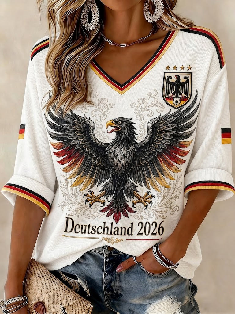 Damen-Fußball-T-Shirt aus Deutschland mit mittellangen Ärmeln und V-Ausschnitt, bedruckt