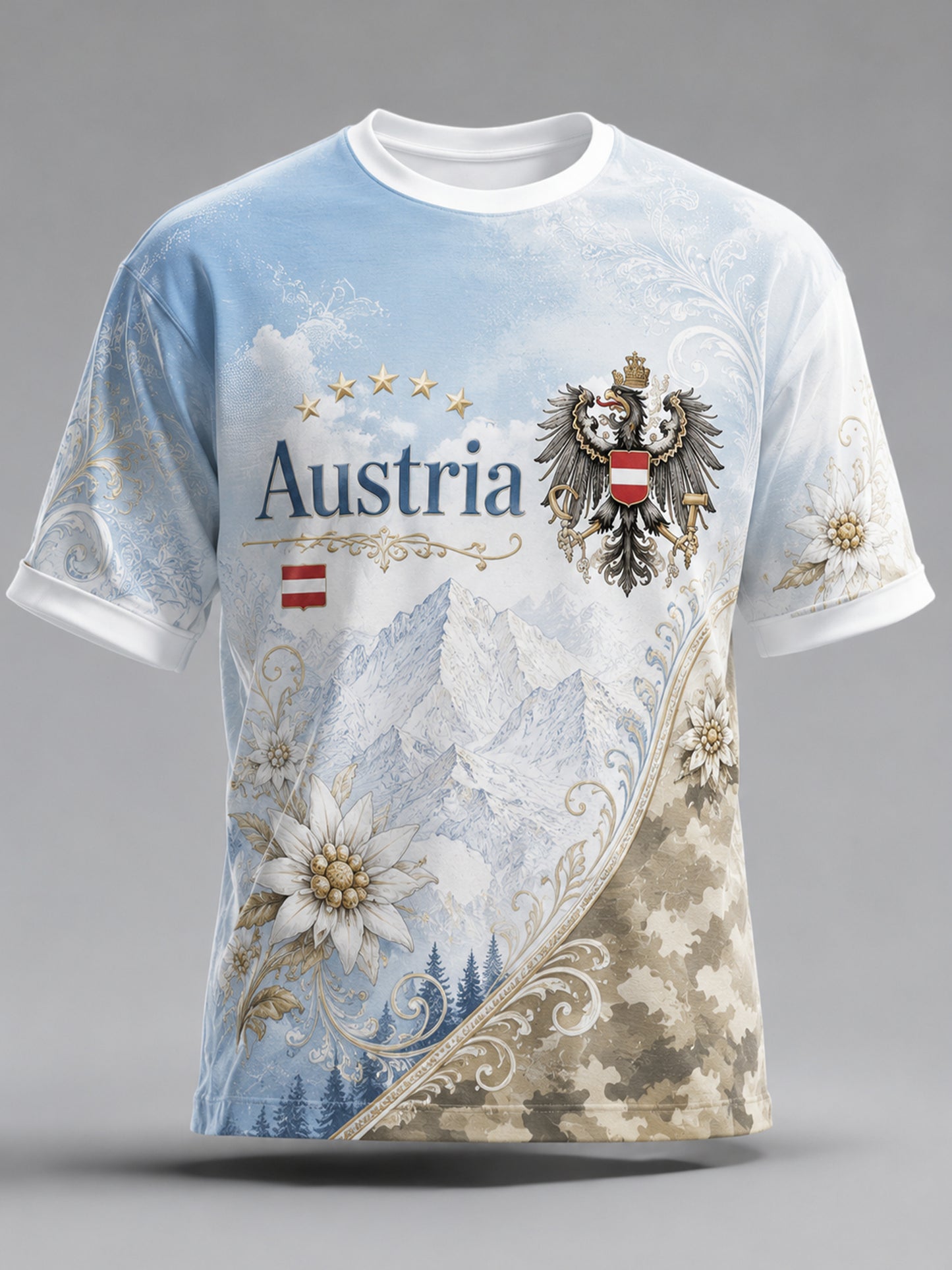 Herren-T-Shirt mit Kunstdruck des österreichischen Berg-Edelweiß-Elements
