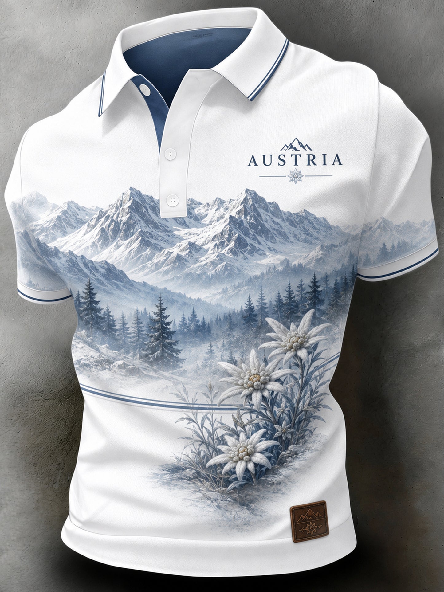 Herren-Polo mit Kunstdruck des österreichischen Berg-Edelweiß-Elements