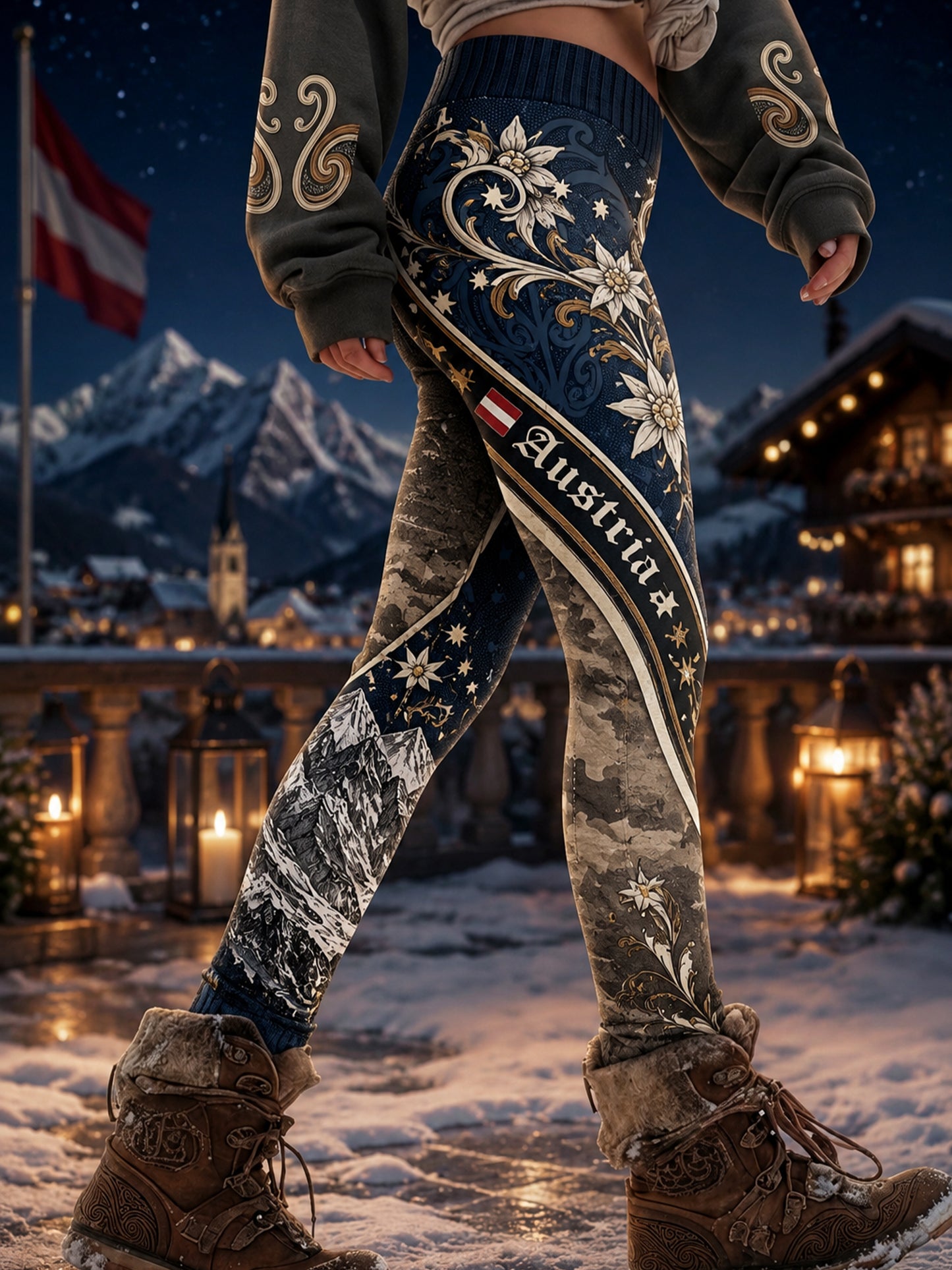 Damen-Leggings mit Kunstdruck des österreichischen Berg-Edelweiß-Elements