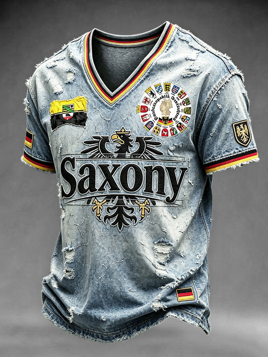 Herren-T-Shirt in deutscher Sachsen-Denim-Optik, lässig mit V-Ausschnitt