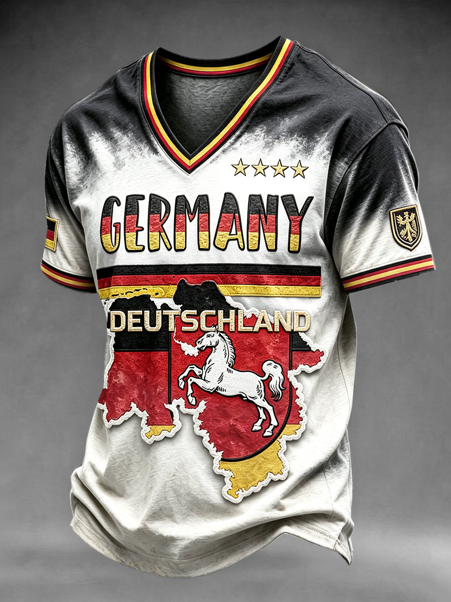 Herren-T-Shirt in deutscher Sächsischer Optik mit Farbverlauf und V-Ausschnitt, lässig geschnitten
