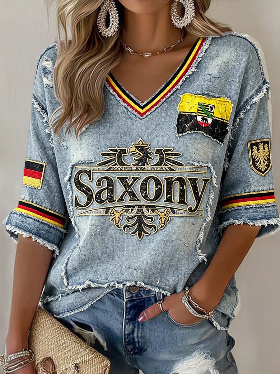 Damen-Deutschland-Sachsen-Jeans-Patchwork-Print-Lässiges V-Ausschnitt-T-Shirt