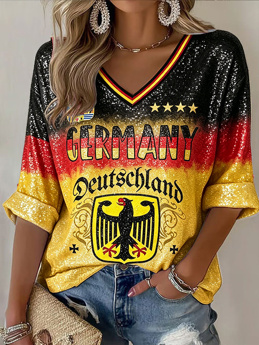 Damen-T-Shirt mit Deutschlandflagge im Farbverlauf, lässiger V-Ausschnitt