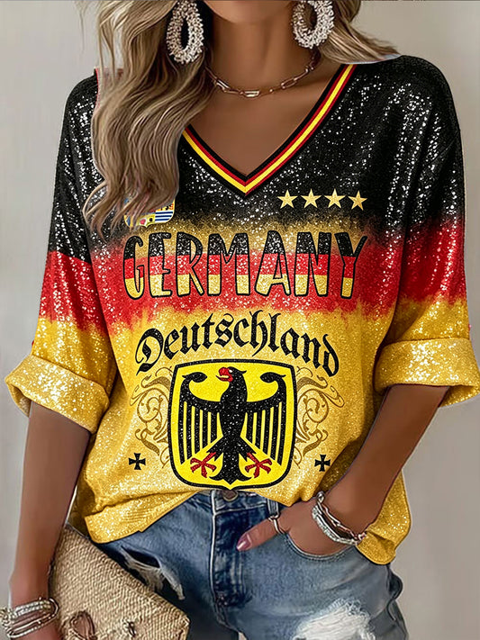 Damen-T-Shirt mit Deutschlandflagge im Farbverlauf, lässiger V-Ausschnitt