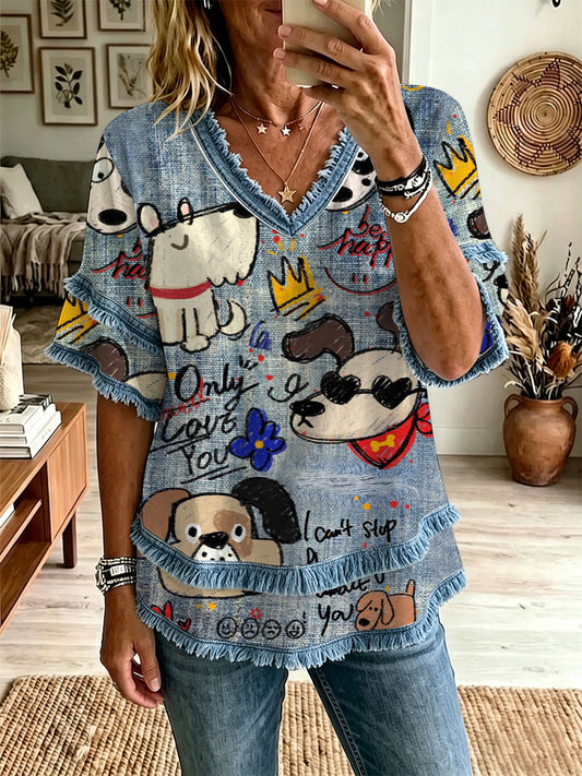 Damen-Hunde-Kunstdruck-Lässiges T-Shirt