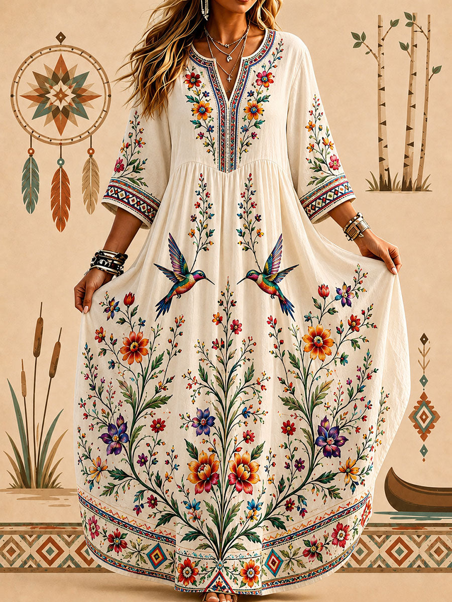 Lässiges Damenkleid mit indigenem Blumenkunstdruck