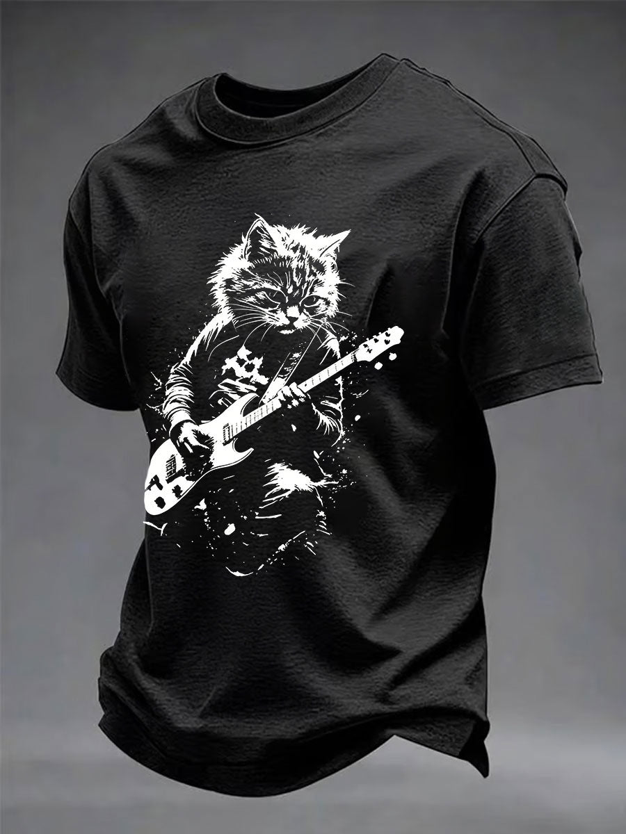 Herren-Lässiges T-Shirt mit Rock-Katzen-Print