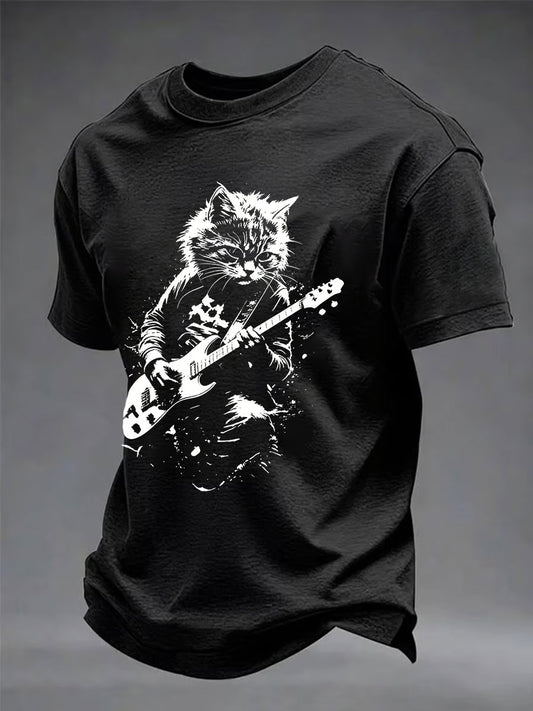 Herren-Lässiges T-Shirt mit Rock-Katzen-Print