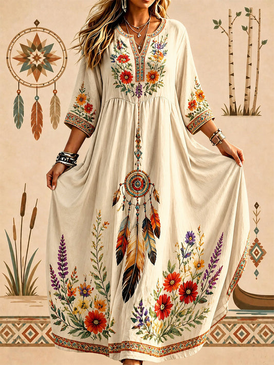 Lässiges Damenkleid mit indigenem Blumenkunstdruck