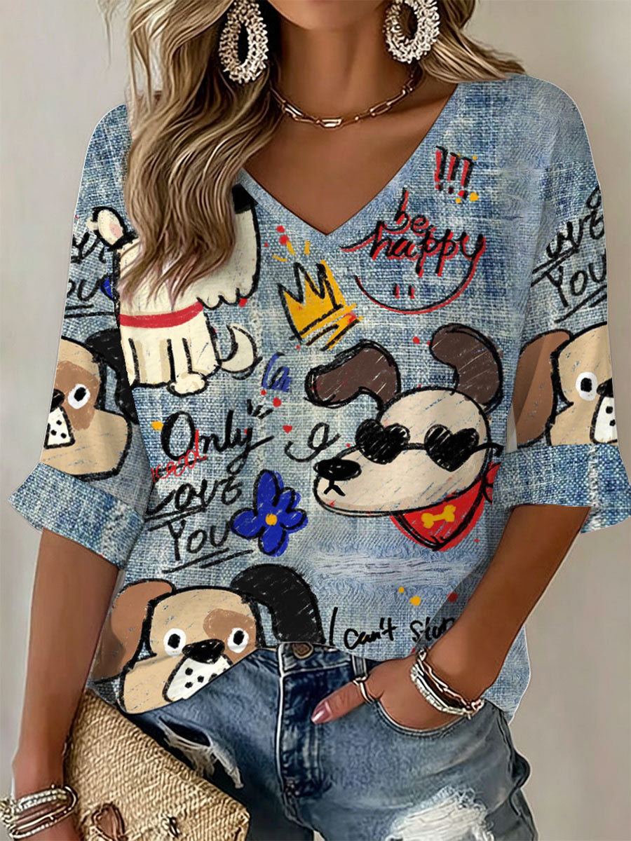 Damen-Hunde-Kunstdruck-Lässiges T-Shirt