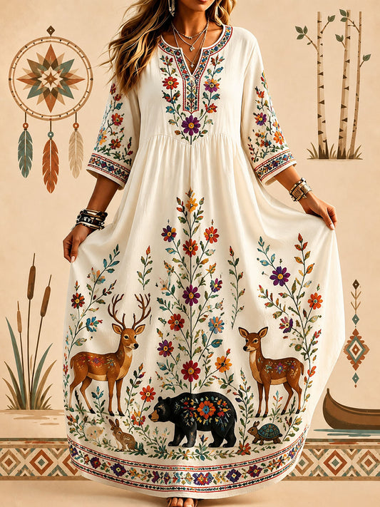 Lässiges Damenkleid mit indigenem Blumenkunstdruck