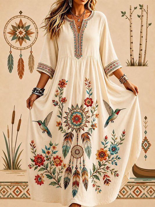Lässiges Damenkleid mit indigenem Blumenkunstdruck