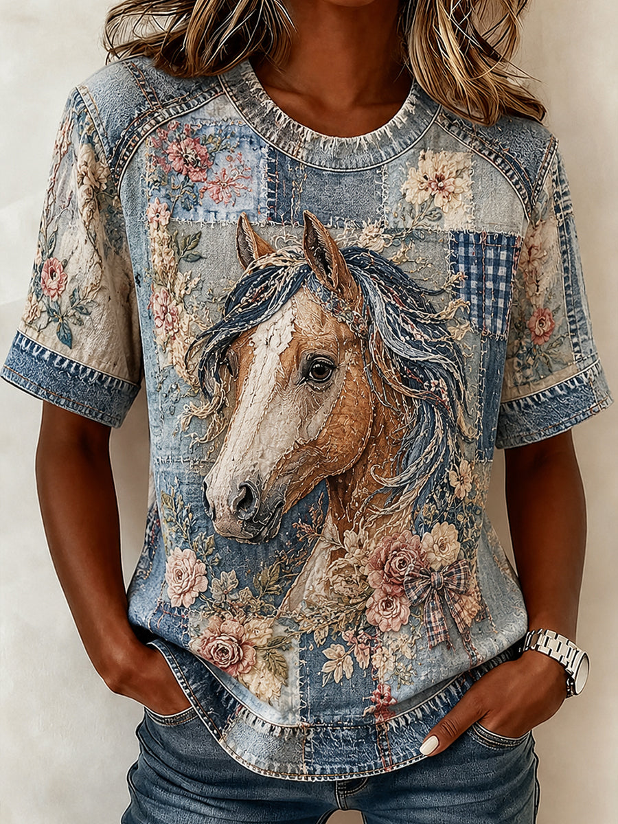 Damen Retro Collage Floral Horse Print lässig Kurzarm T-Shirt