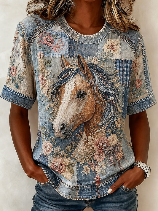 Damen Retro Collage Floral Horse Print lässig Kurzarm T-Shirt