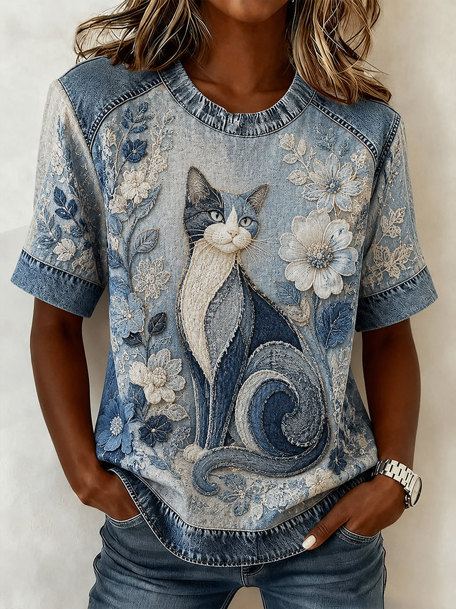 Damen niedliches Collage-Blumen-Katzen-Print-kurzärmliges T-Shirt