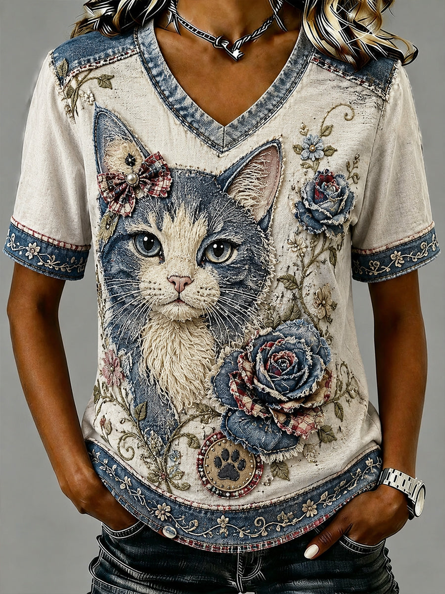 Damen Retro Collage Floral Katze Ärmel V-Ausschnitt T-Shirt