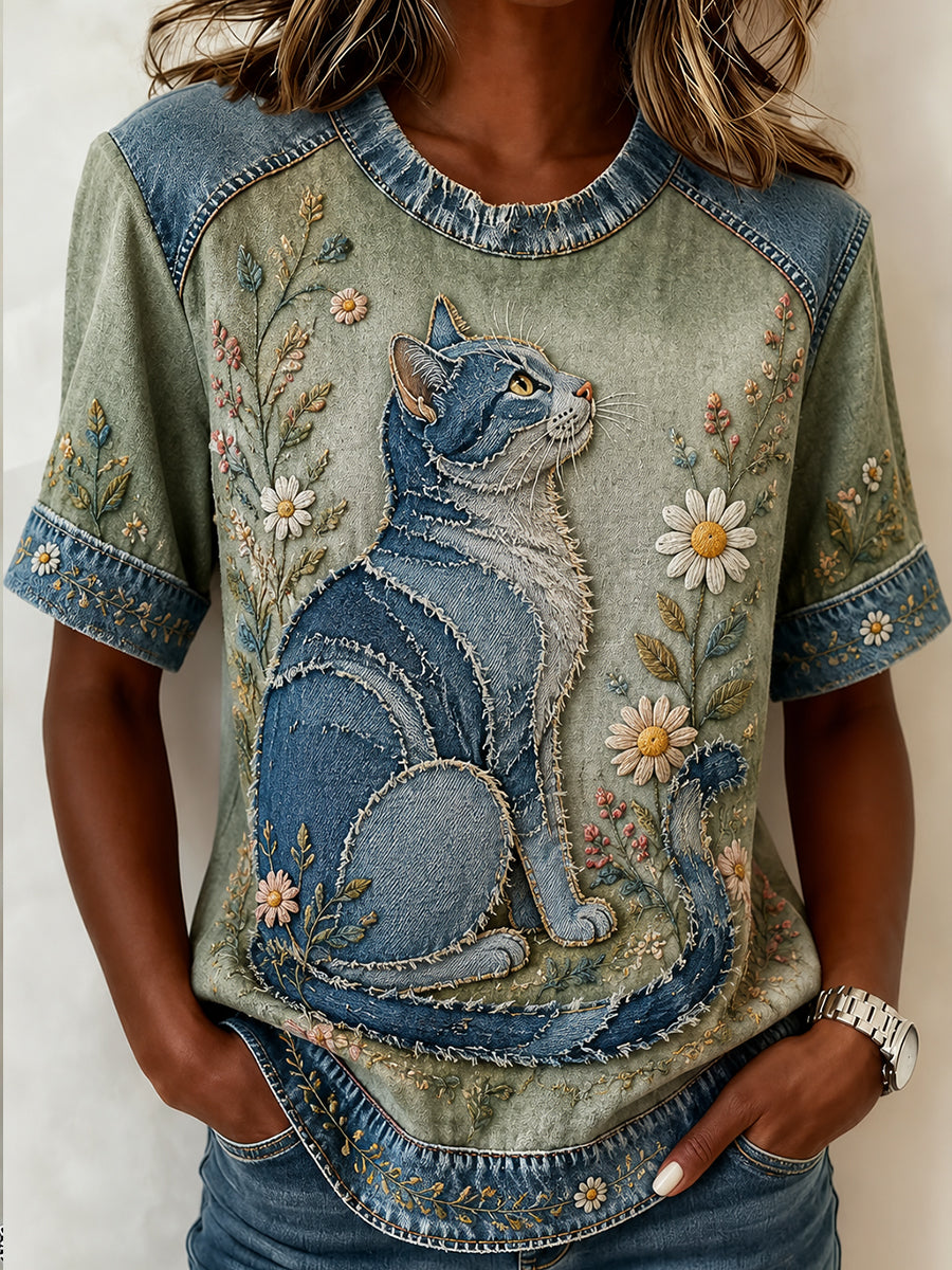 Damen-Casual-T-Shirt mit niedlichem Blumen-Collage- und Katzenmotiv, kurze Ärmel