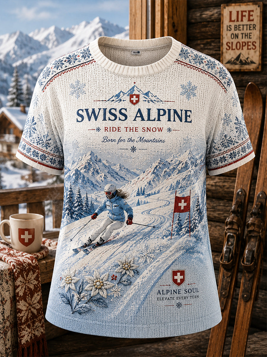 Damen-Strick-T-Shirt mit Skimotiv und kurzen Ärmeln