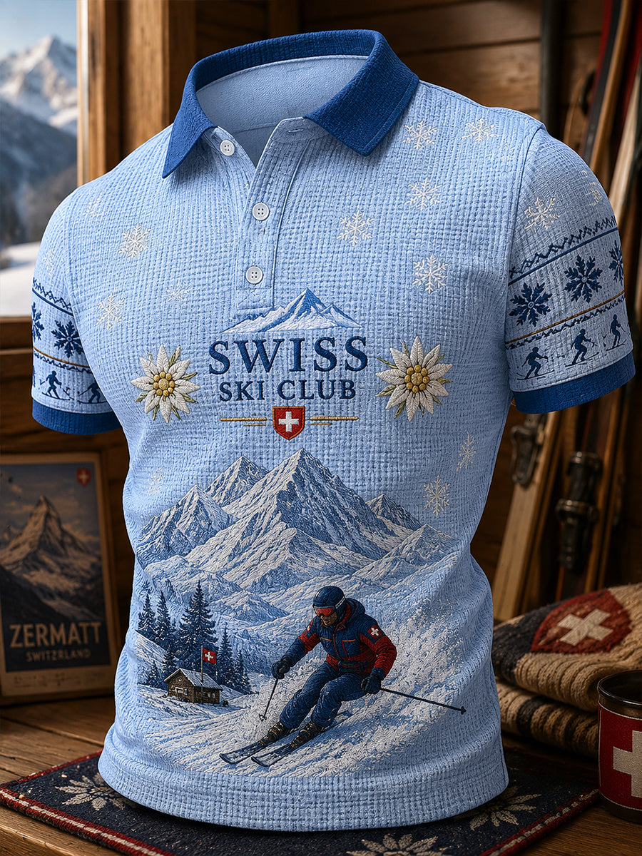 Herren-Poloshirt im Ski-Stil mit Waffelstruktur und kurzen Ärmeln