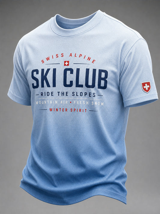 Herren-Casual-T-Shirt mit Skimotiv-Print, waffelformiger Struktur und kurzen Ärmeln