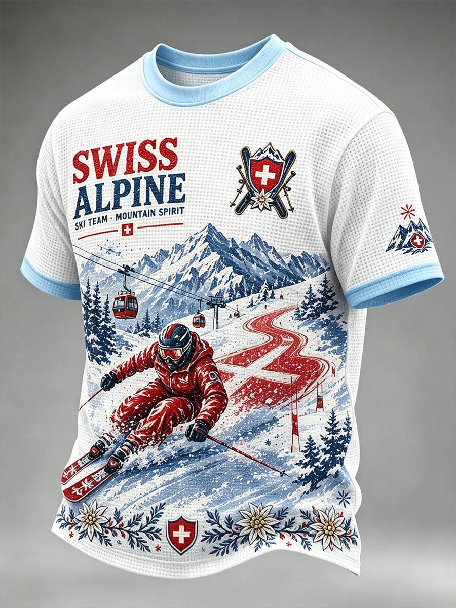 Herren-Kurzarm-T-Shirt mit Ski-Themen bedruckt Waffel