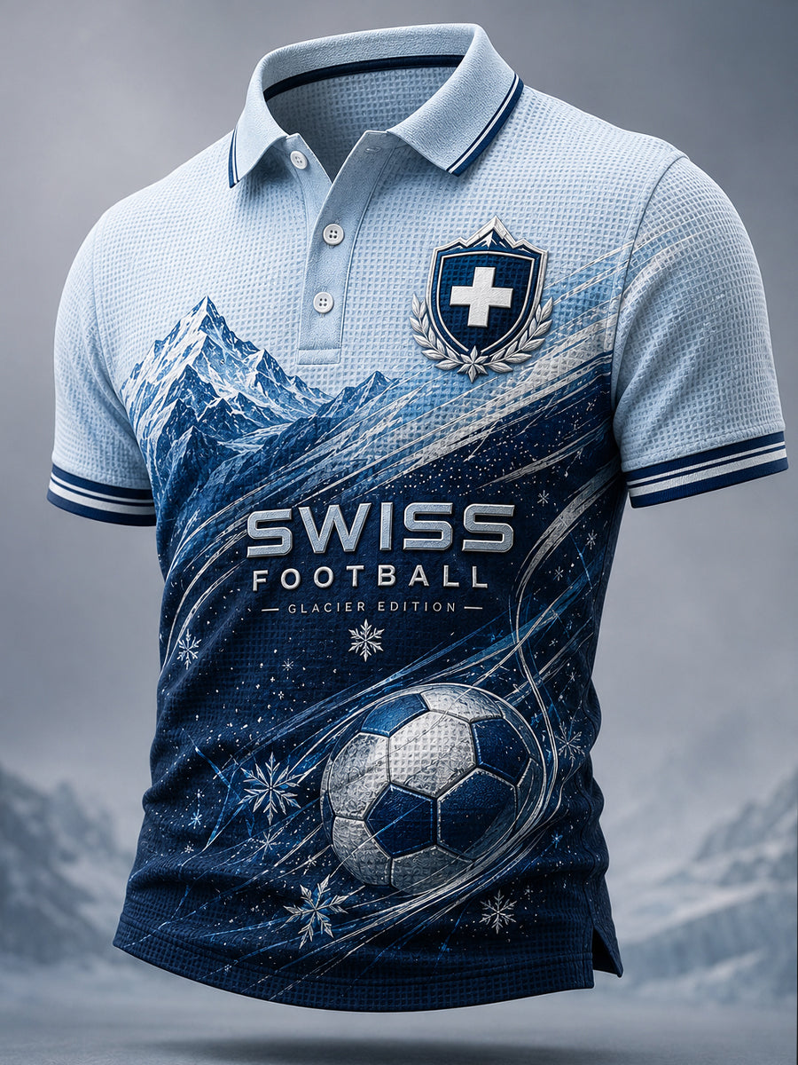 Herren-Poloshirt aus Waffelstrick mit fußballmotiviertem Print und kurzen Ärmeln