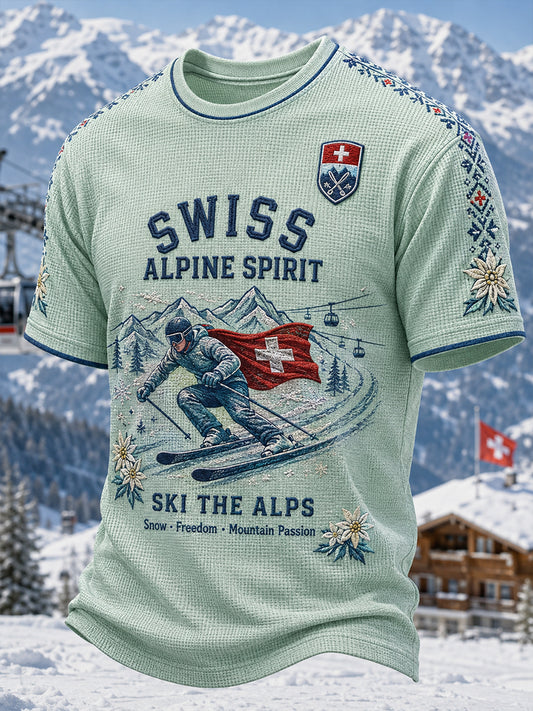 Herren-T-Shirt mit Skimotiv-Druck und Waffelstruktur, kurzärmelig