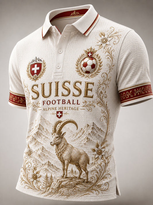 Herren-Poloshirt aus Waffelstrick mit fußballmotiviertem Print und kurzen Ärmeln
