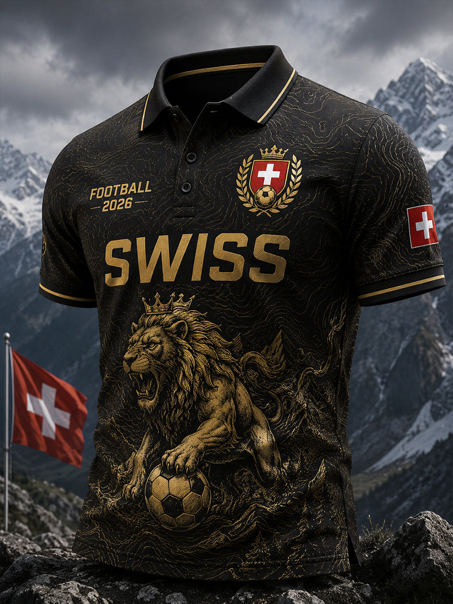 Herren-Poloshirt mit kurzen Ärmeln und Fußball-Löwen-Print
