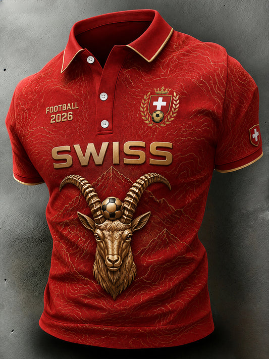 Herren-Poloshirt mit kurzen Ärmeln und Print-Elementen in Form von Fußball und Ziege