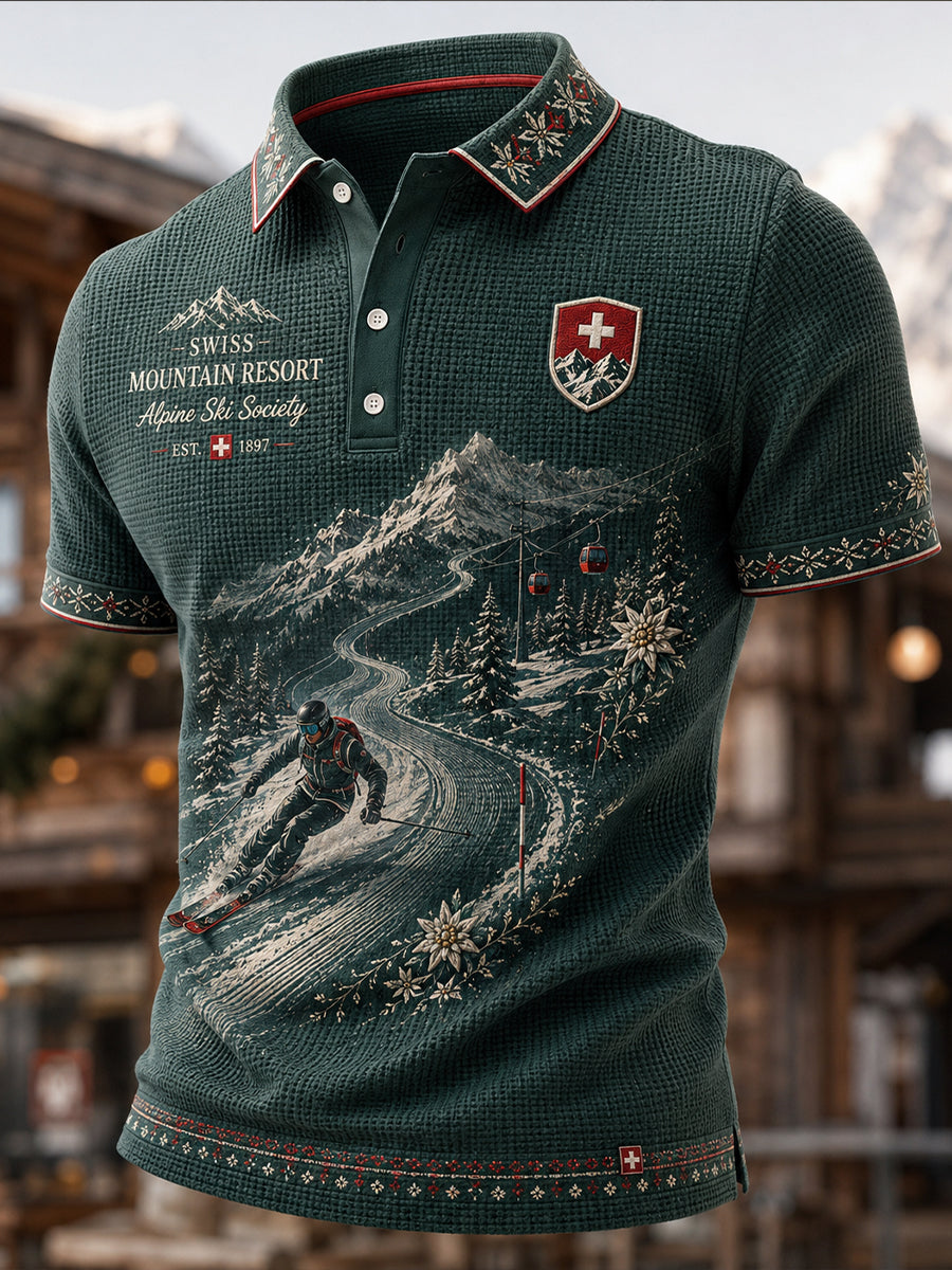 Herren-Skisport-Druck-Waffelpiqué-Poloshirt mit Kurzärmeln