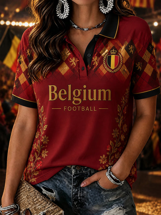 Damen-Poloshirt mit Blumenfußball-Print und kurzen Ärmeln
