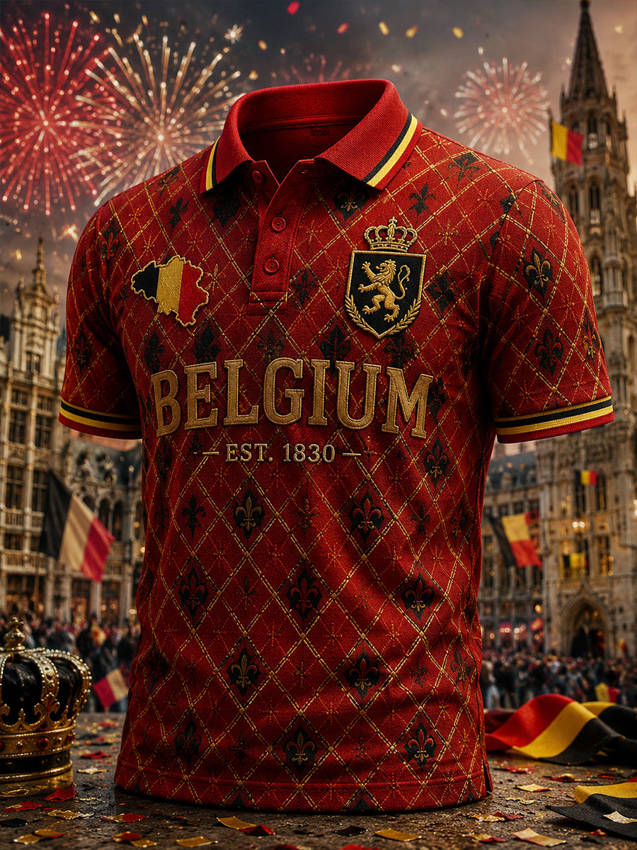 Herren-Poloshirt mit Print zum Nationalfeiertag, kurzärmelig