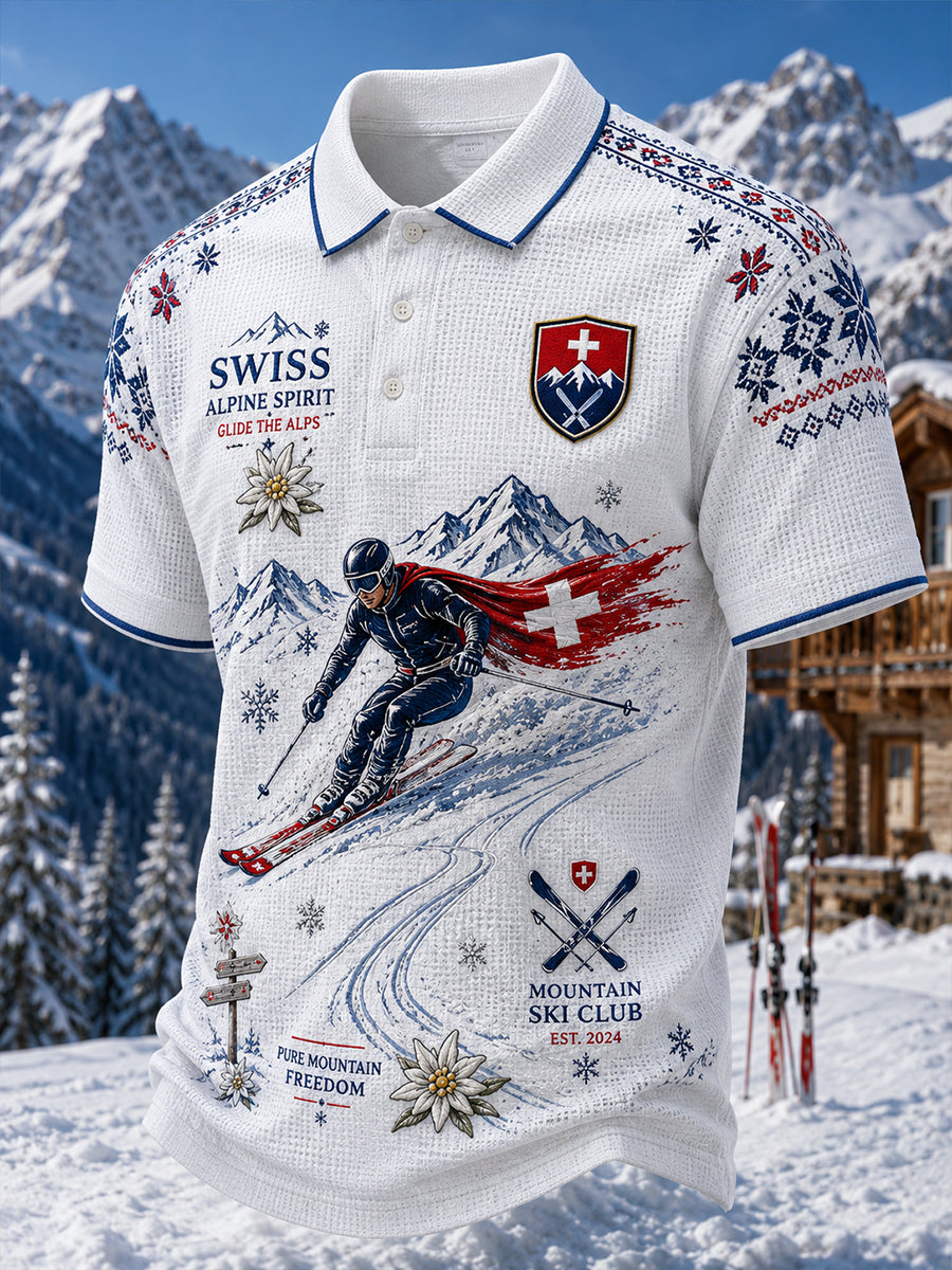 Herren-Poloshirt mit Ski-Print, Waffelstruktur und kurzen Ärmeln