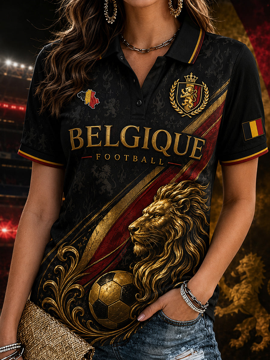 Damen-Poloshirt mit kurzen Ärmeln und Löwen- sowie Fußballmotiv