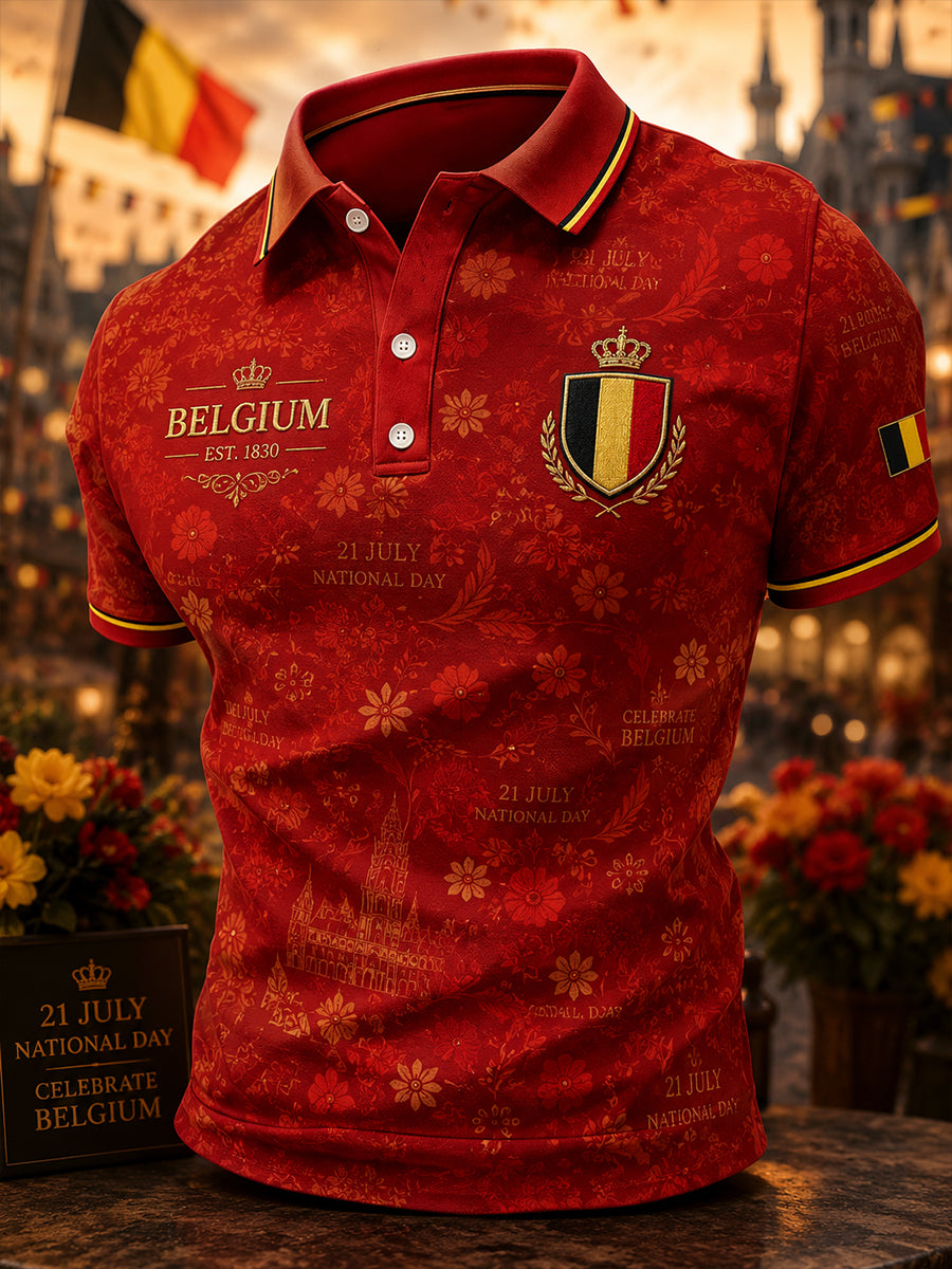 Herren-Poloshirt mit Print zum Nationalfeiertag, kurzärmelig