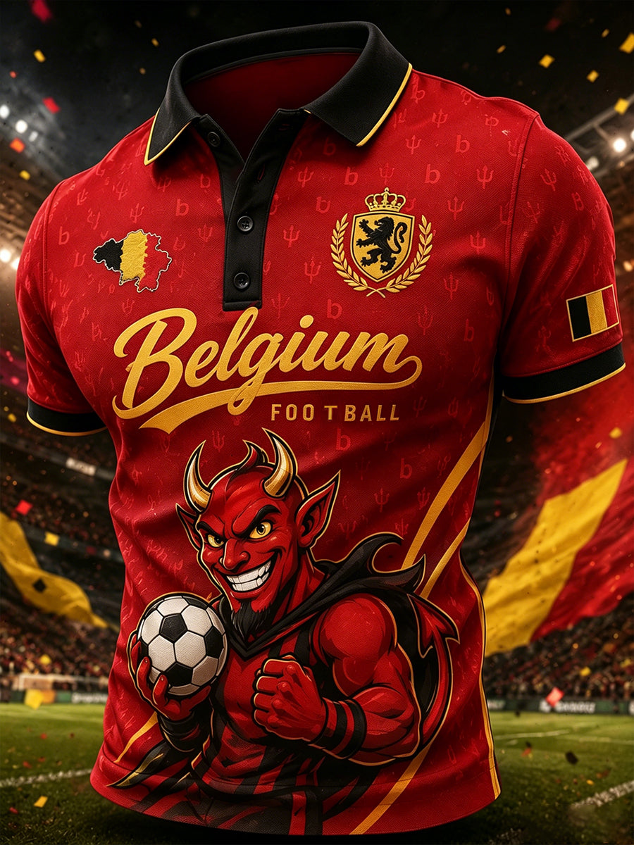 Herren-Poloshirt mit rotem Fußballmotiv der Red Devils und kurzen Ärmeln