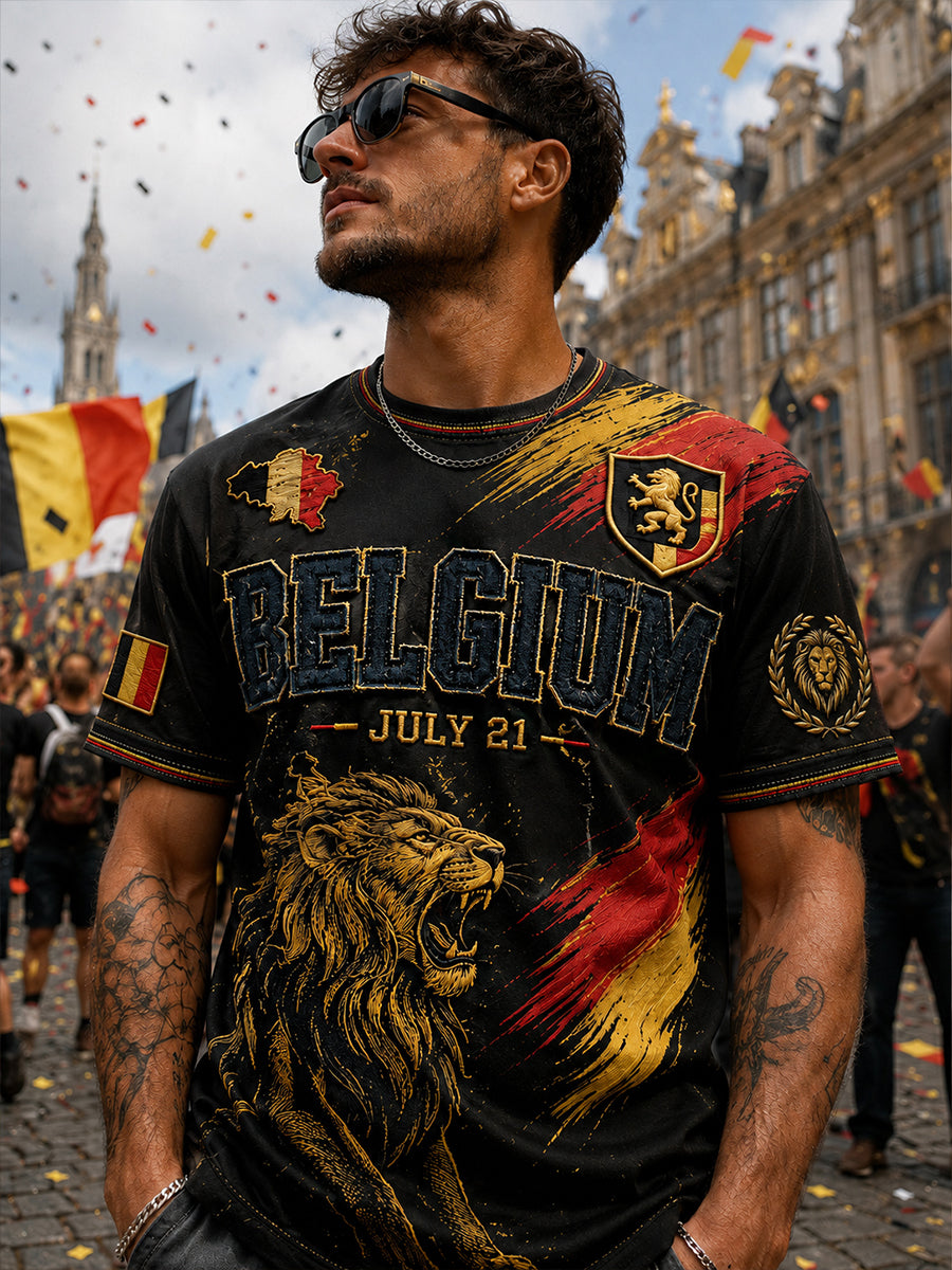 Retro-Kunstdruck zur belgischen Nationalfeiertagsfeier Lässiges Oberbekleidungs-T-Shirt
