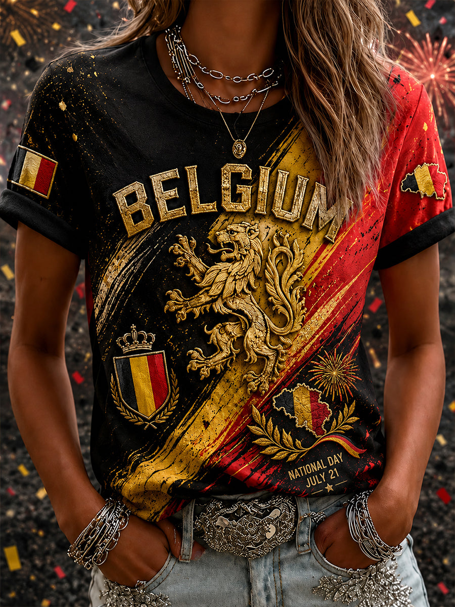 Retro-Kunstdruck zur belgischen Nationalfeiertagsfeier Lässiges Oberbekleidungs-T-Shirt