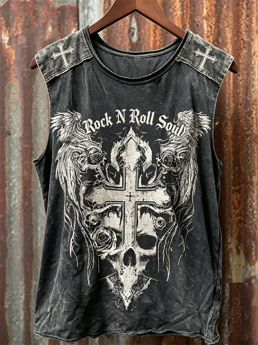 Herren Rock N Roll Soul Skull Cross mit Flügel Druck Schläger Weste