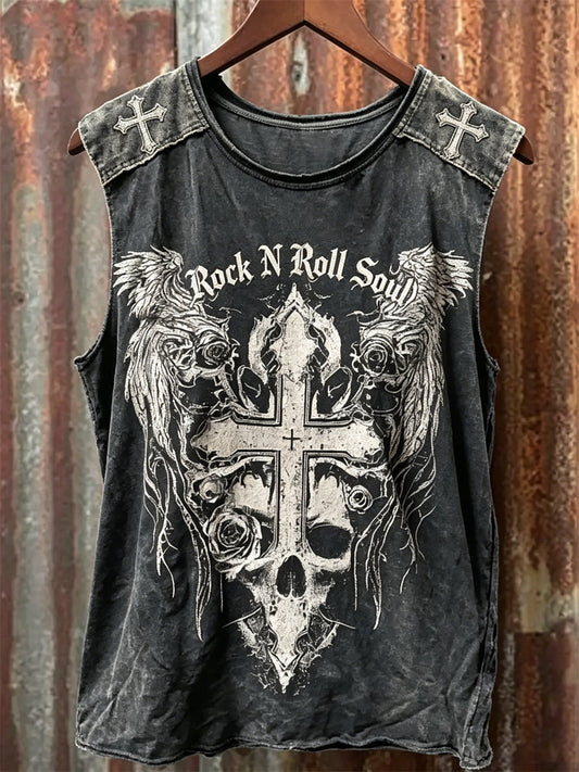 Herren Rock N Roll Soul Skull Cross mit Flügel Druck Schläger Weste
