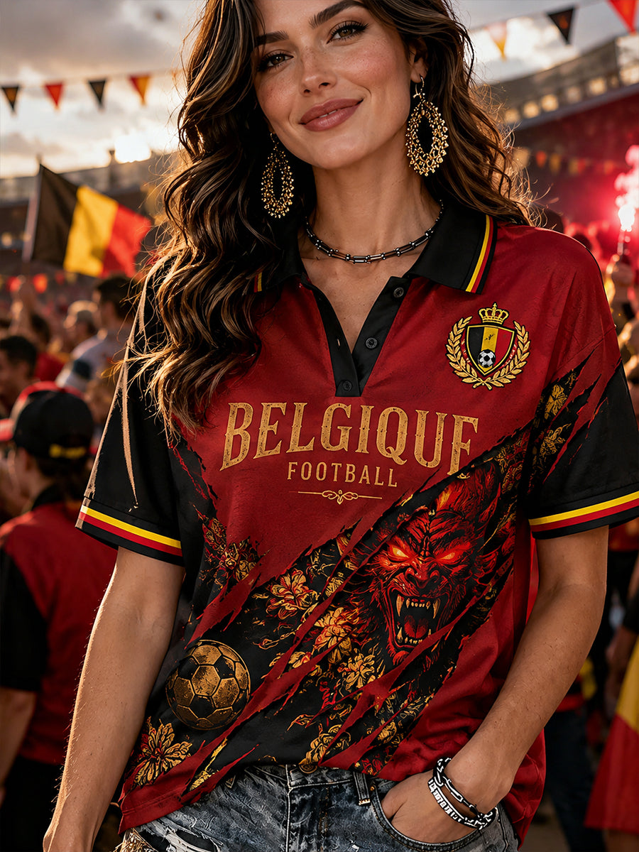 Damen-Poloshirt mit kurzen Ärmeln und Fußball-Print